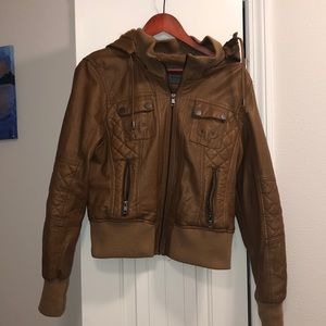 Hooded fake leather brown jacket